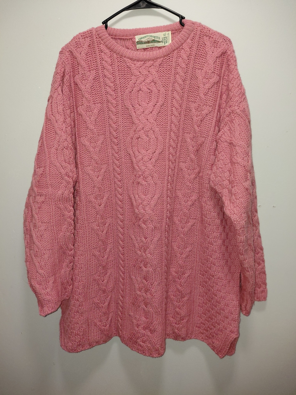 Aran Crafts Pink Cable-Pattern Crewneck Sweater 100% Merino Wool XL